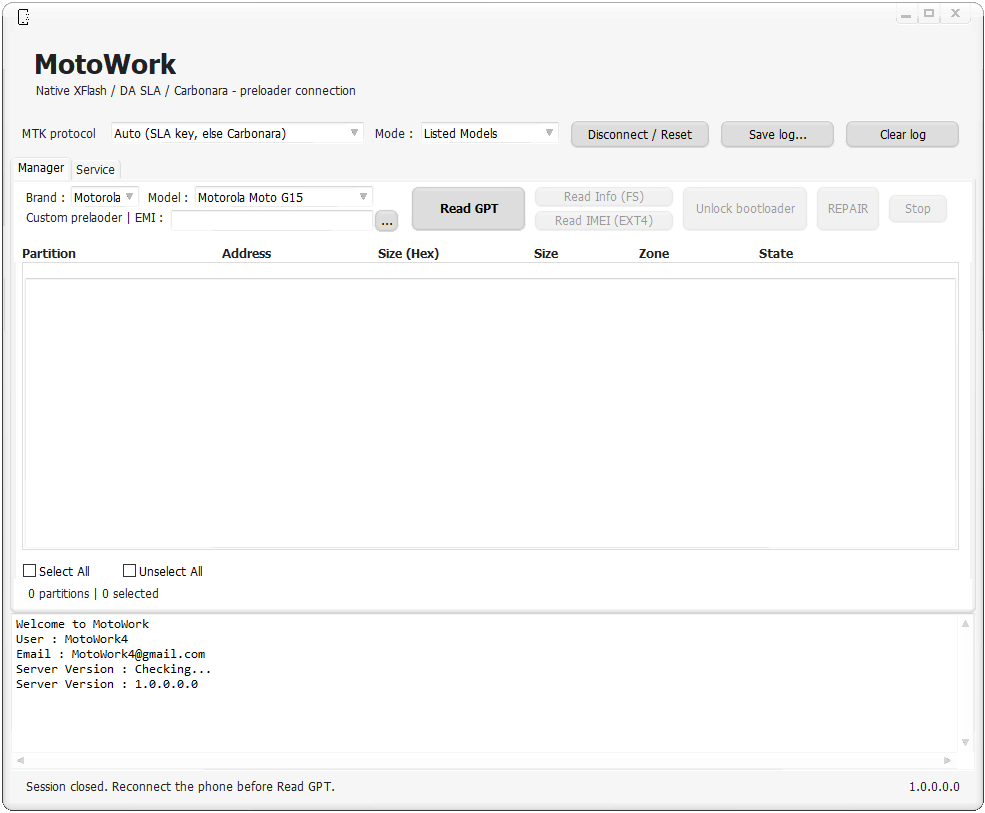 MotoWork software interface showing Motorola device controls
